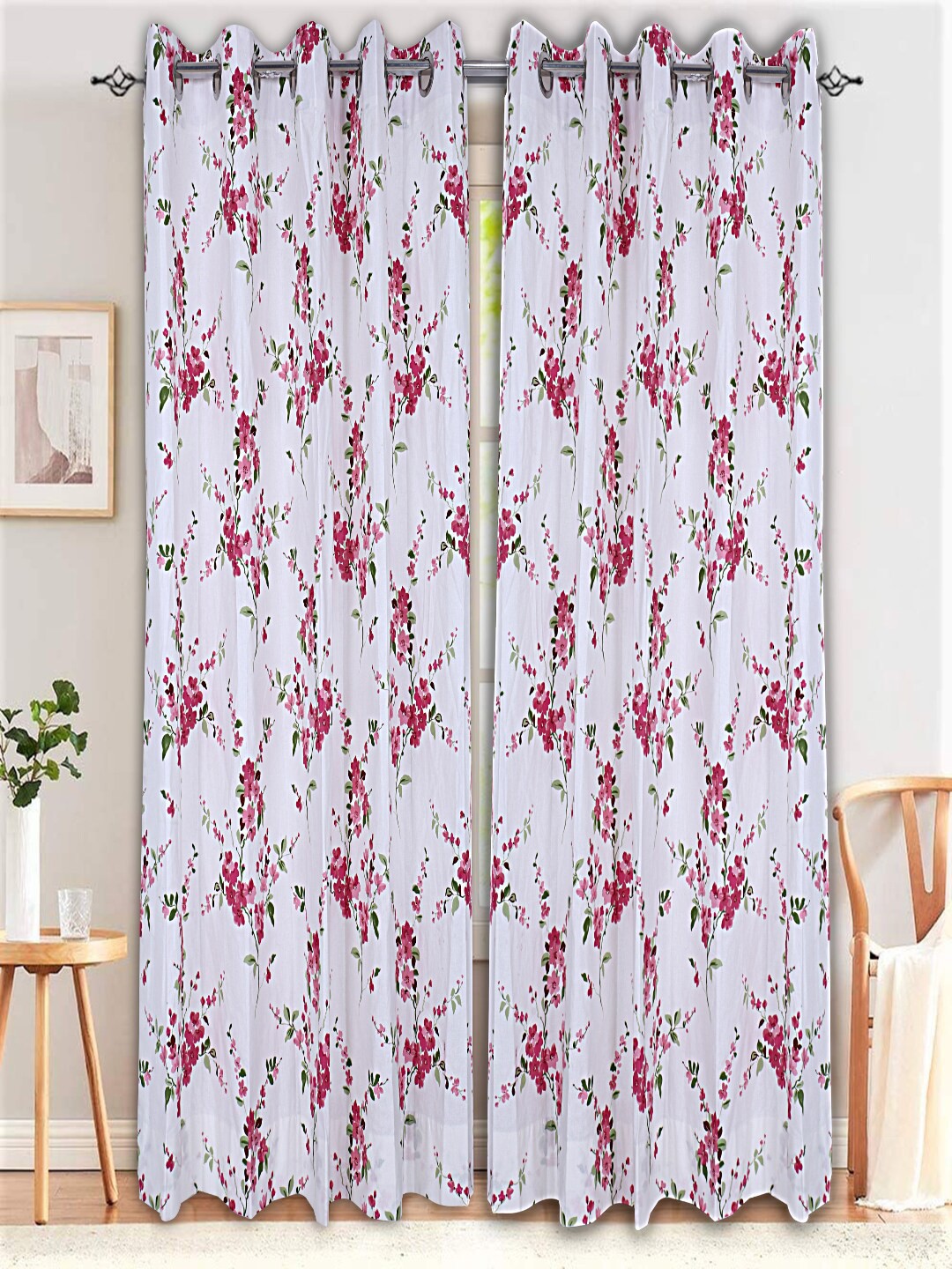 

INDHOME LIFE Off White & Pink Set of 2 Floral Door Curtains