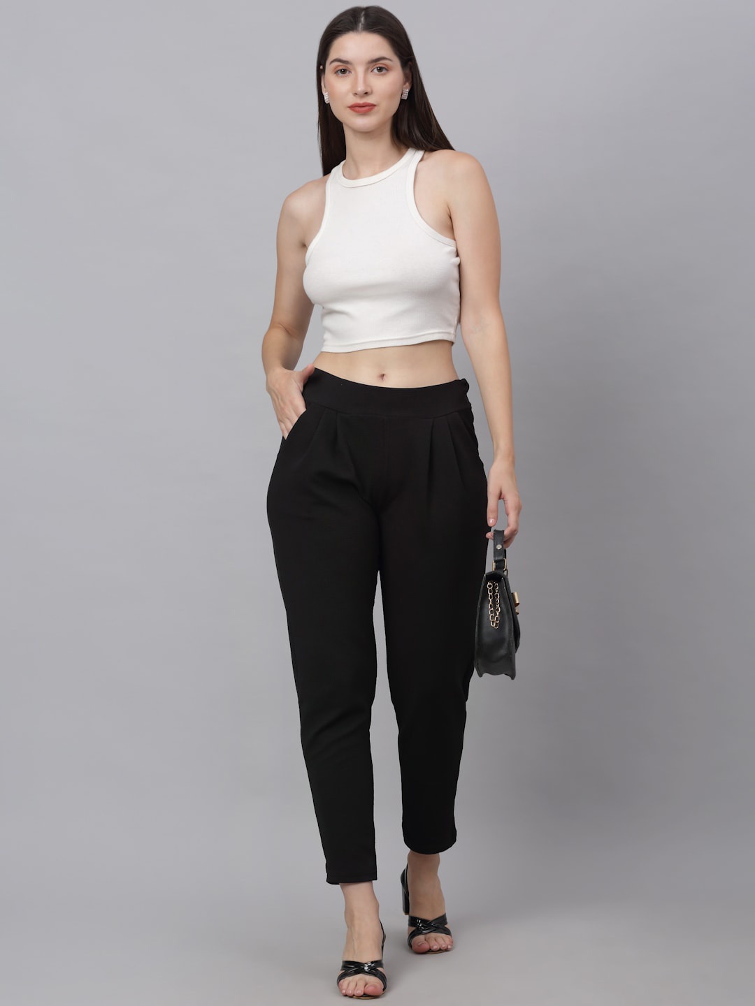 

NEUDIS Women Black Easy Wash Pleated Trousers