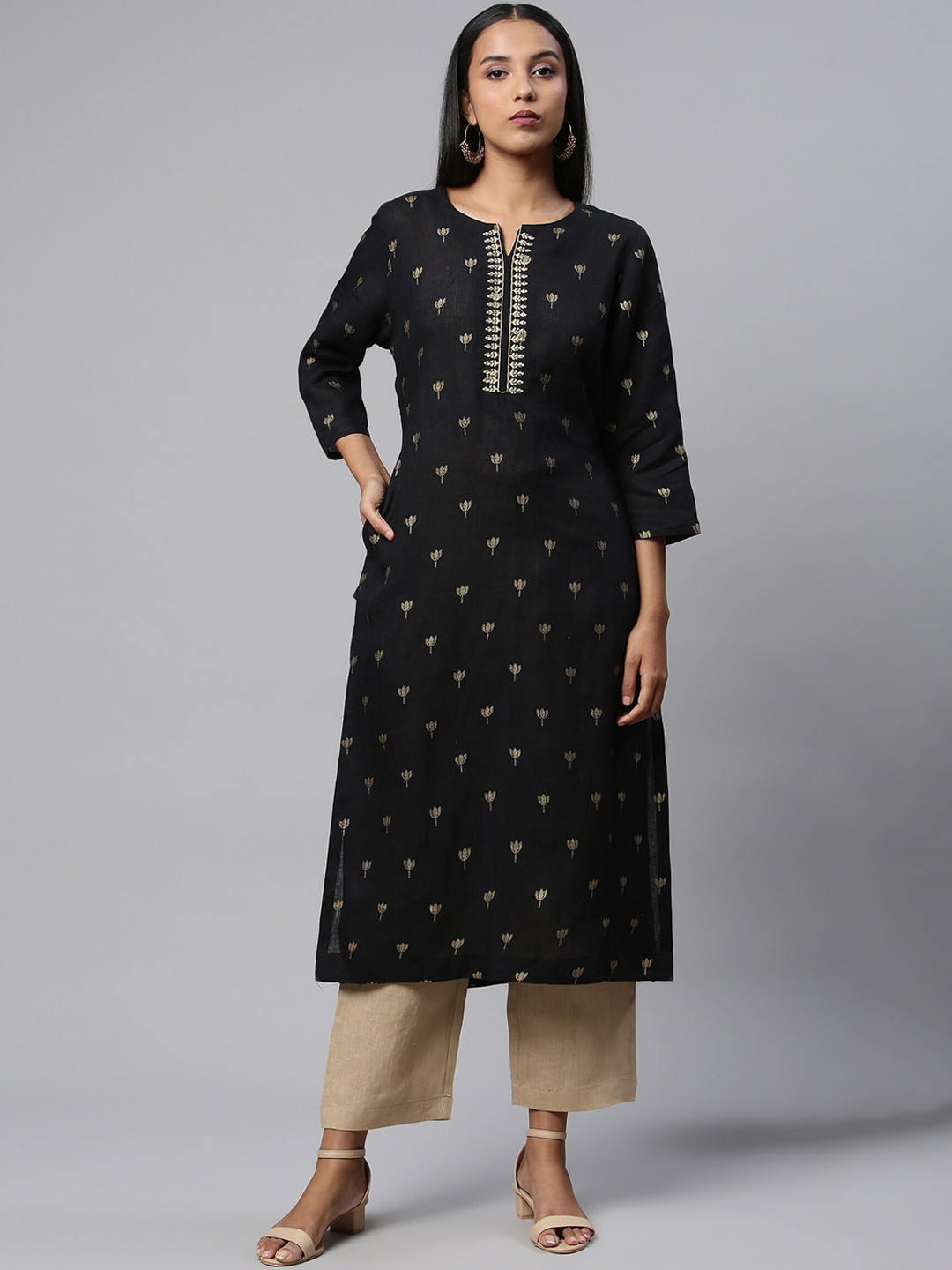 

Linen Club Woman Women Black Floral Embroidered Linen Sustainable Kurta with Trousers