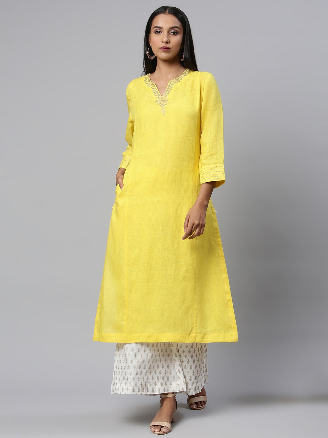 

Linen Club Woman Women Yellow Ethnic Motifs Linen Sustainable Kurta with Palazzos