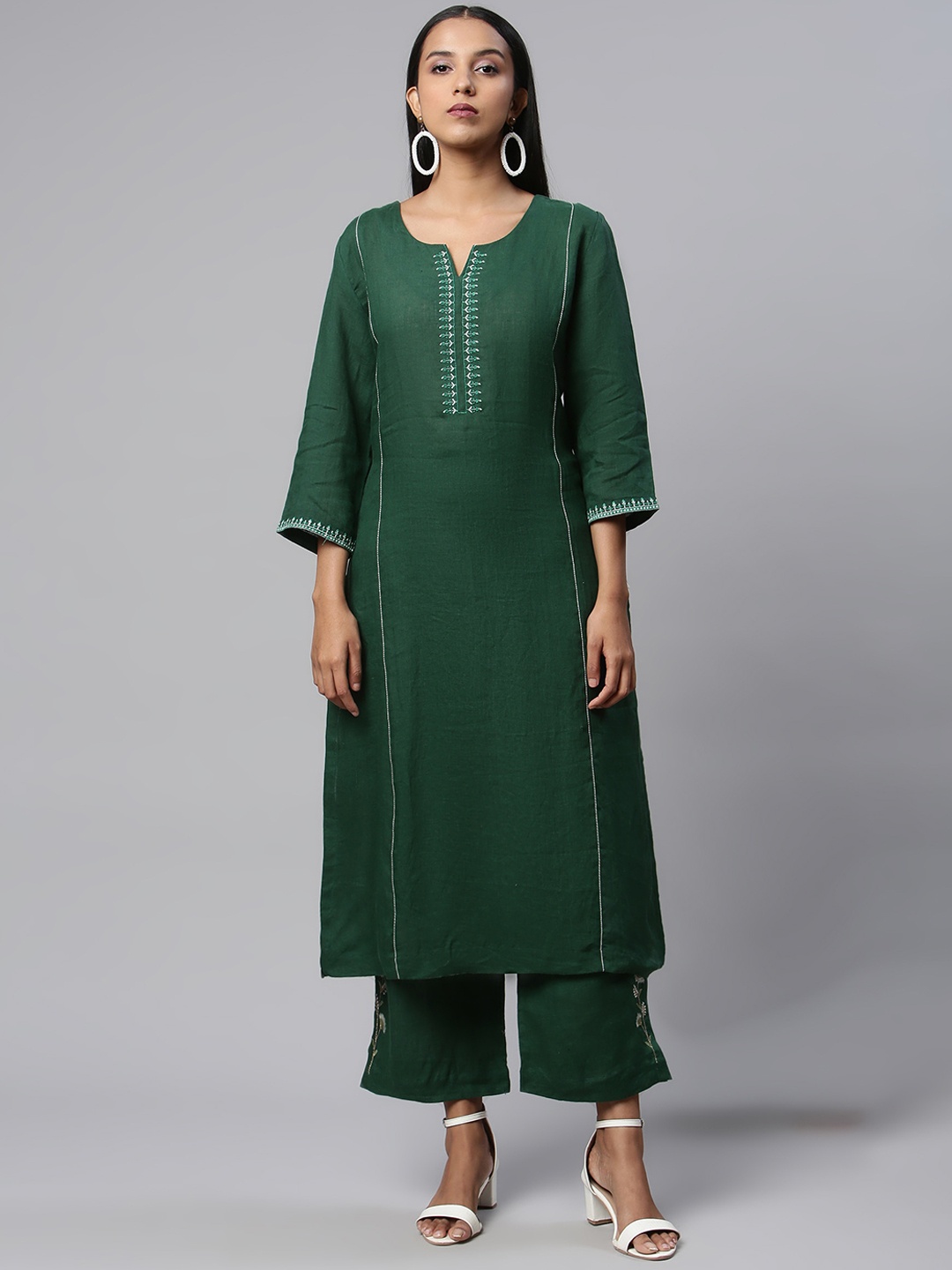 

Linen Club Woman Women Green Yoke Design Thread Work Sustainable Kurta
