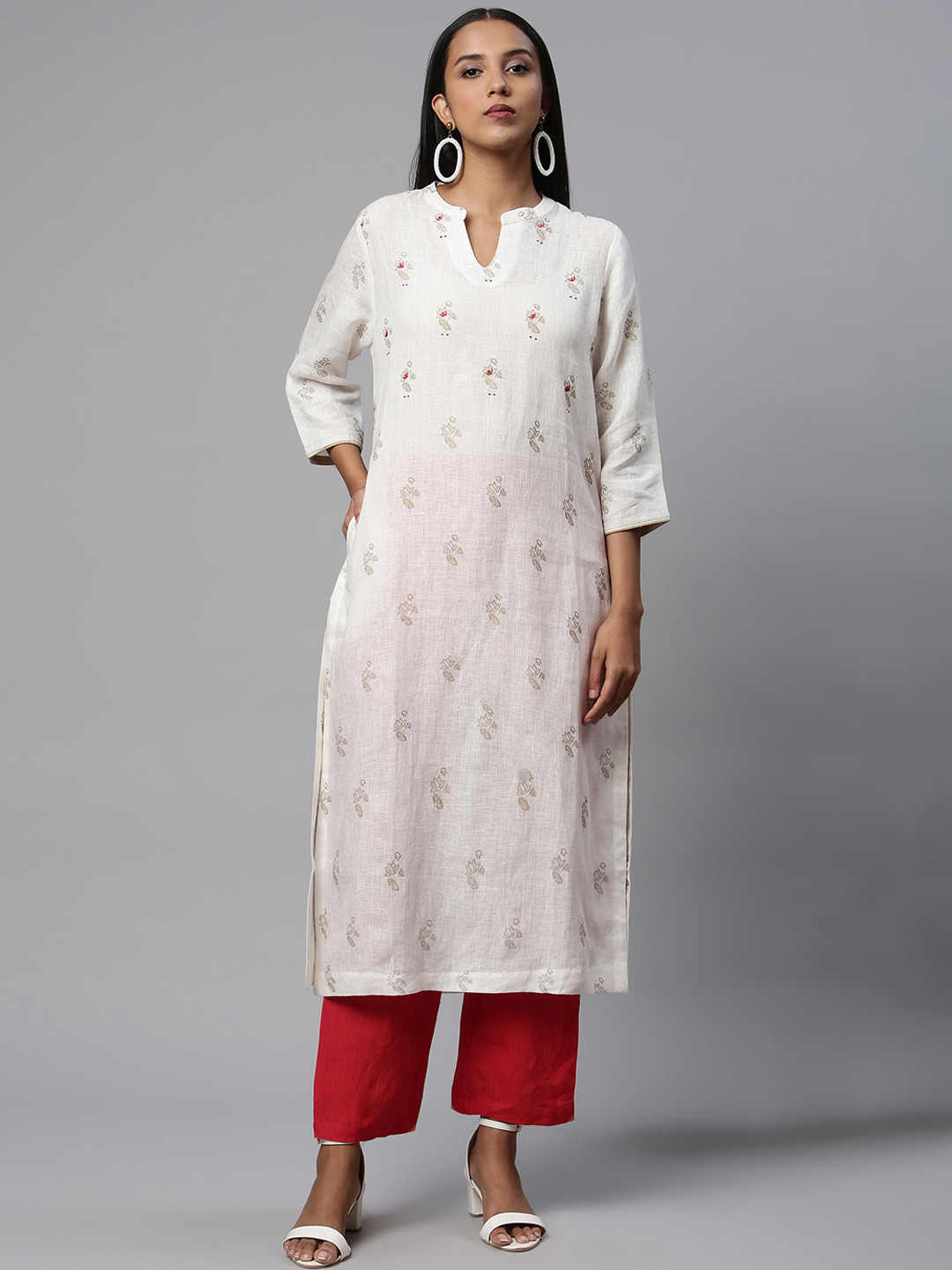 

Linen Club Woman Women Off White Floral Printed Linen Kurta