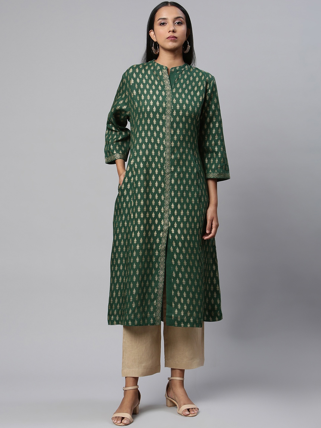 

Linen Club Woman Women Green Ethnic Motifs Printed Thread Work Kurta
