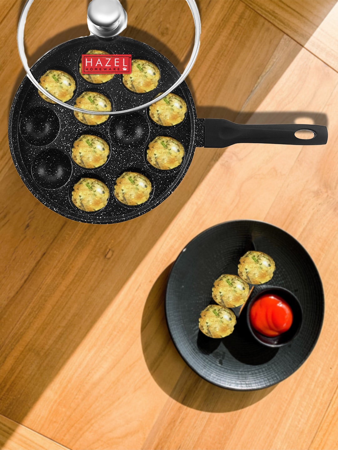 

HAZEL Black Dishwasher Safe Solid Non-stick Aluminum 12 Cavity Appam Patra With Glass Lid