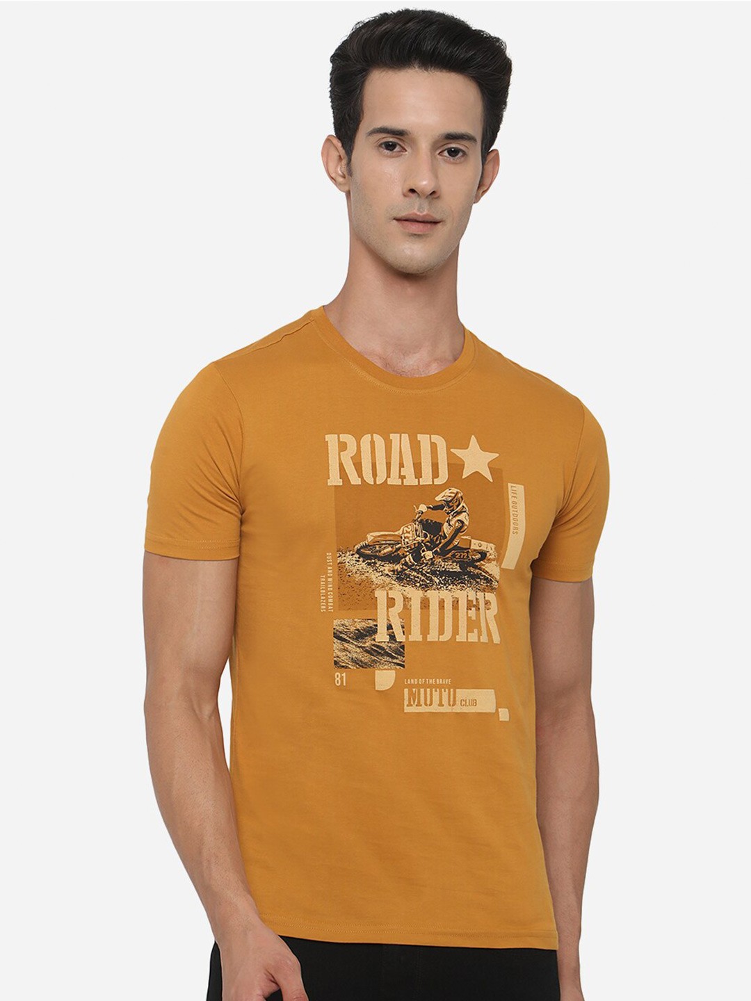 

Greenfibre Men Mustard Yellow Typography Printed Cotton Slim Fit T-shirt