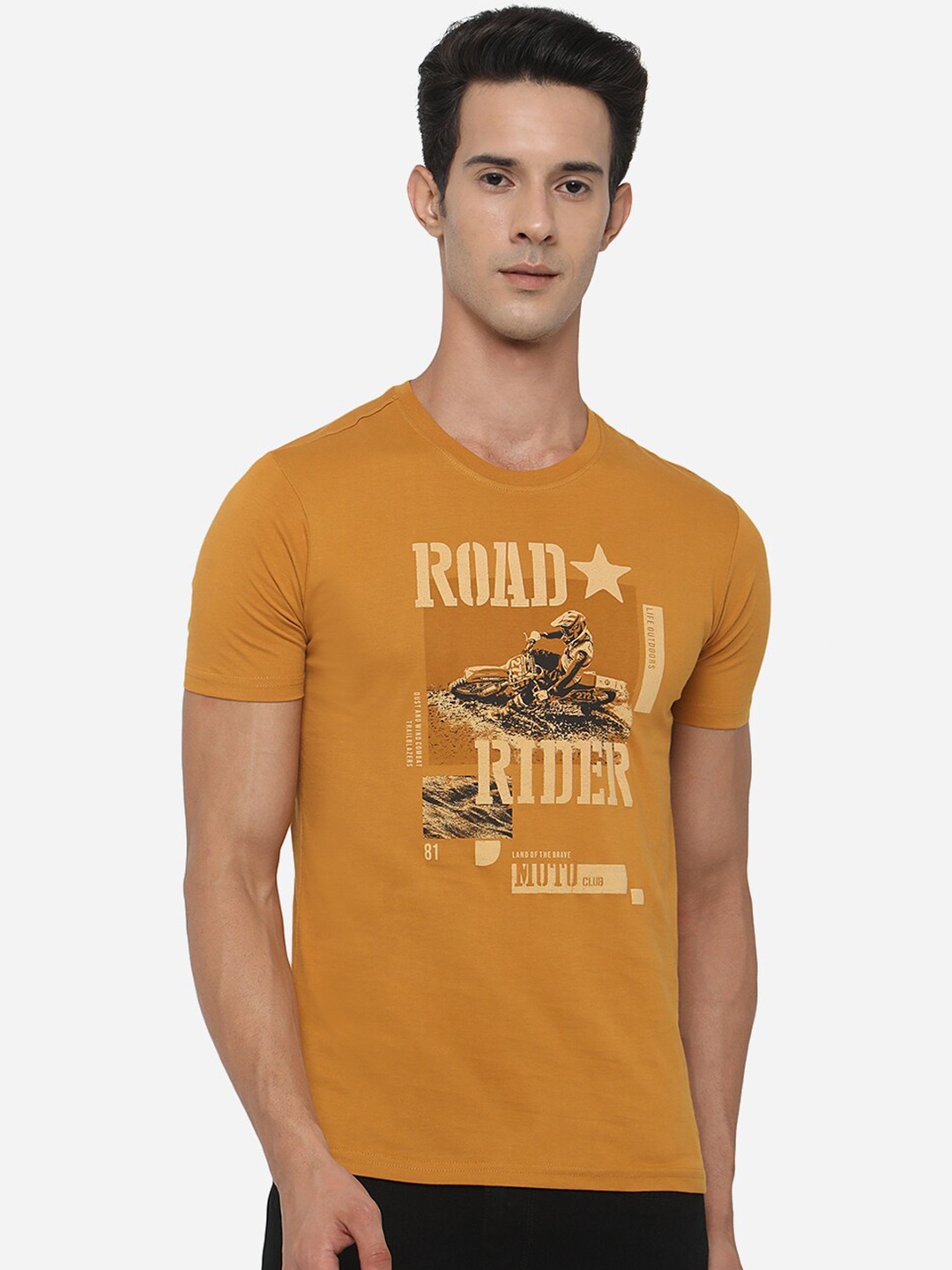 

Greenfibre Men Mustard Yellow Typography Printed Cotton Slim Fit T-shirt