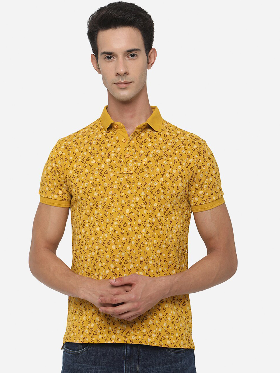 

JADE BLUE Men Yellow Printed Polo Collar Slim Fit T-shirt