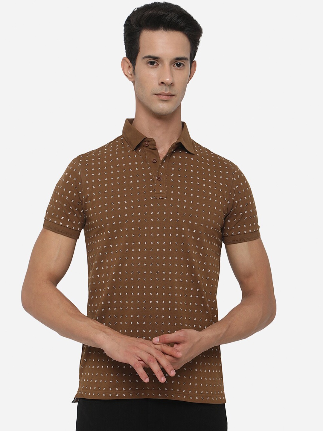 

JADE BLUE Men Brown Printed Polo Collar Slim Fit T-shirt