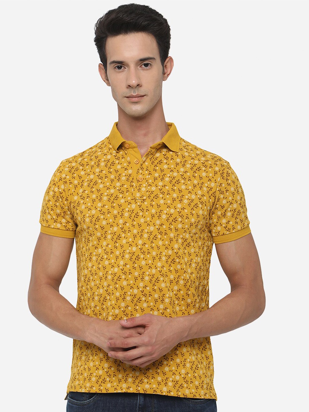 

JADE BLUE Plus size Men Yellow Floral Printed Mandarin Collar Slim Fit Cotton T-shirt