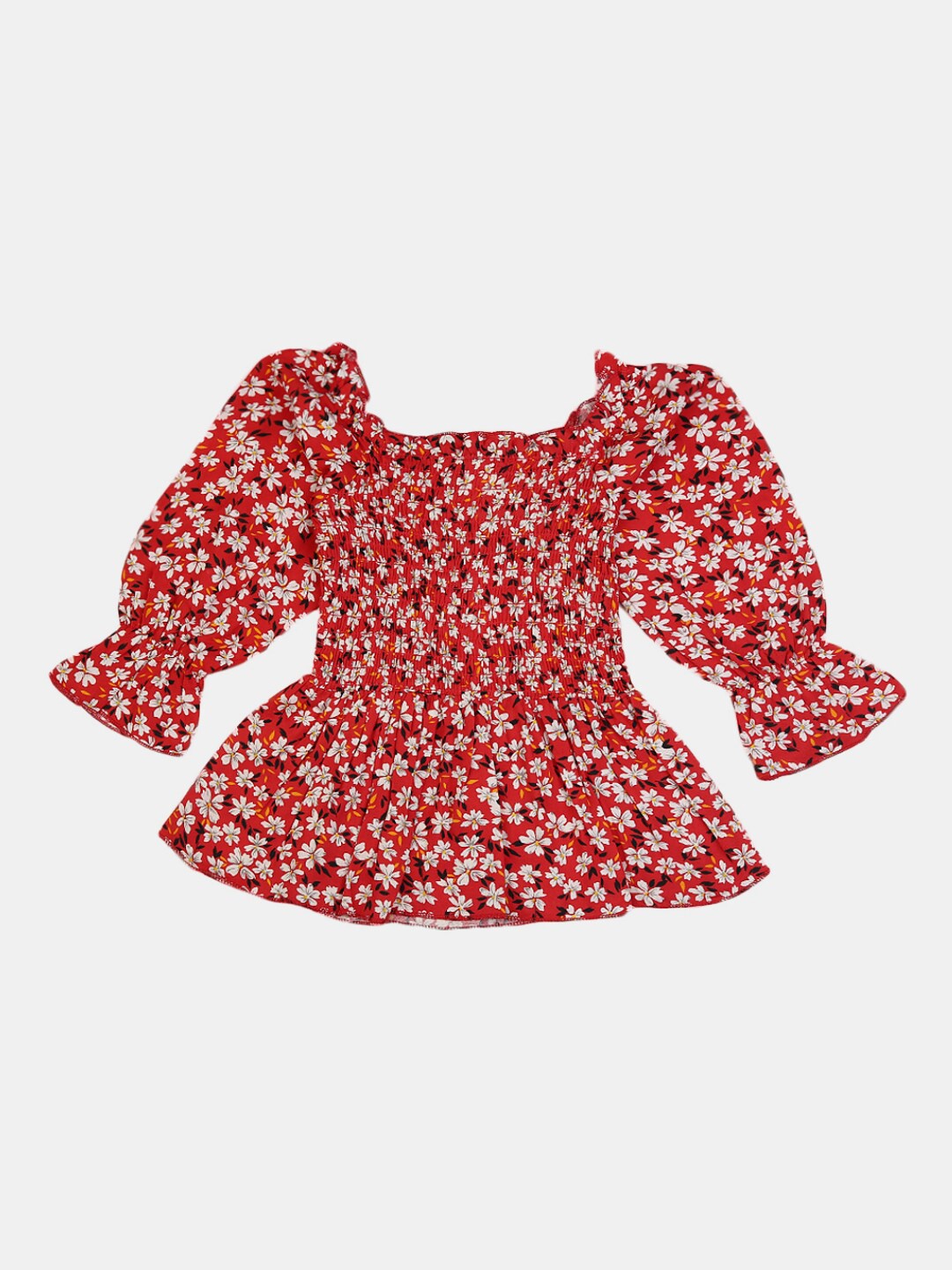 

V-Mart Girls Red & White Floral Printed Smocked Peplum Top