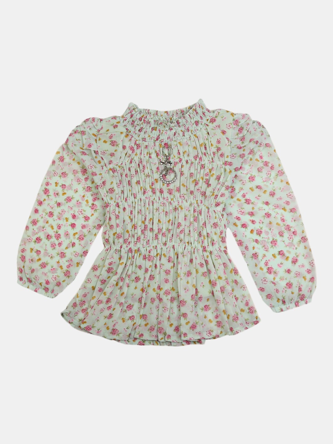 

V-Mart Girls Green & Pink Floral Printed Peplum Pure Cotton Top