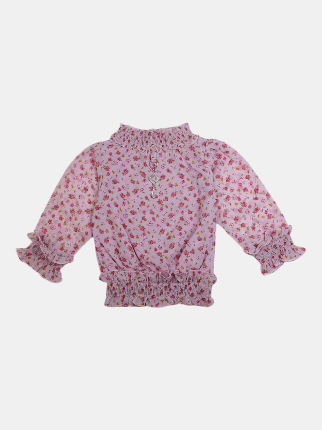 

V-Mart Girls Purple & Pink Floral Printed Pure Cotton Blouson Top