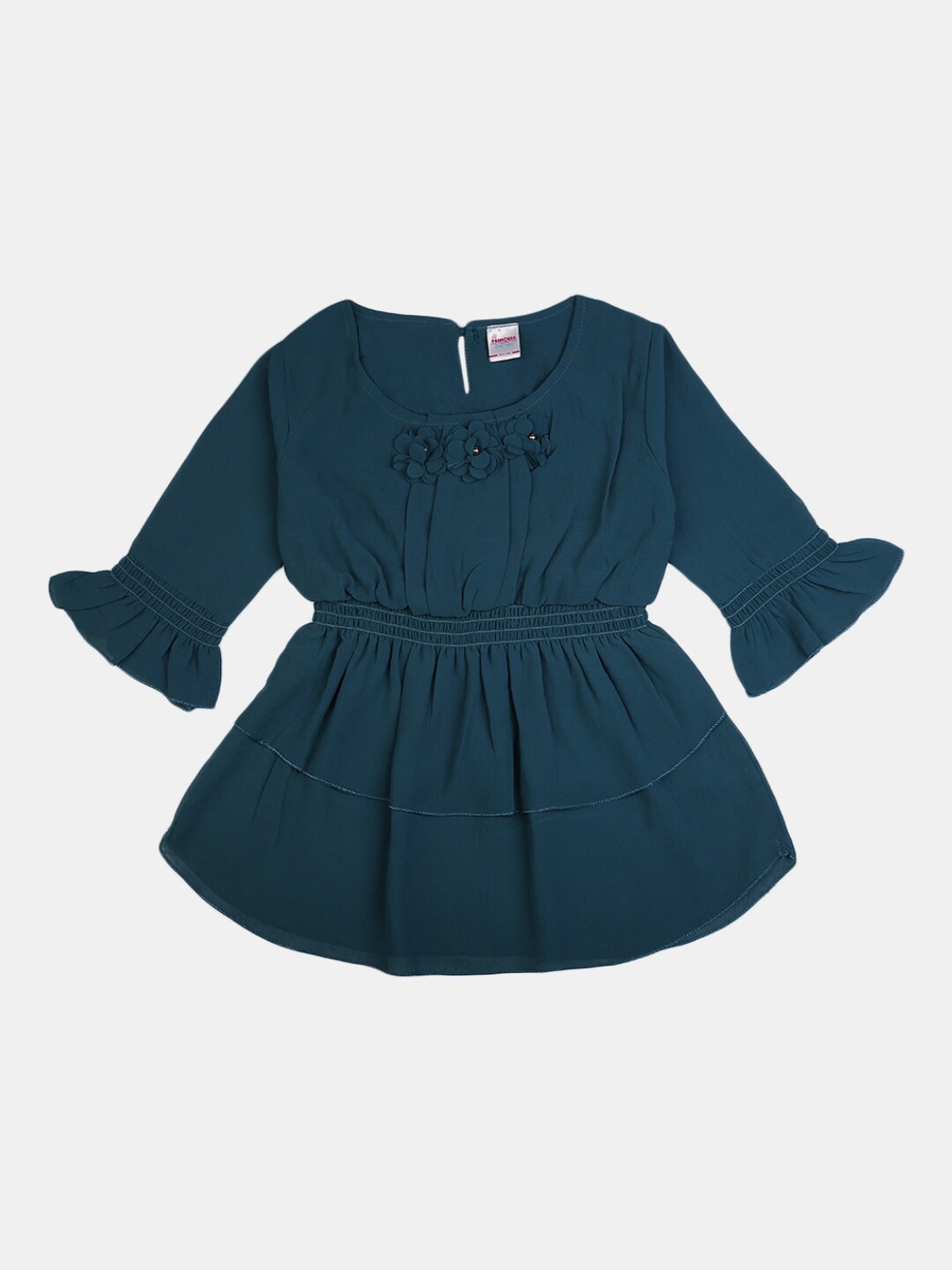 

V-Mart Girls Teal Blue Solid Smocked Pure Cotton Cinched Waist Top