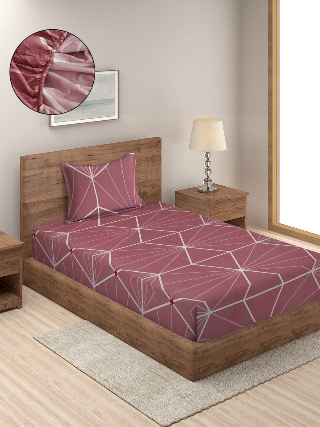 

SOKNACK Geometric 300 TC Single Bedsheet with 1 Pillow Covers, Mauve