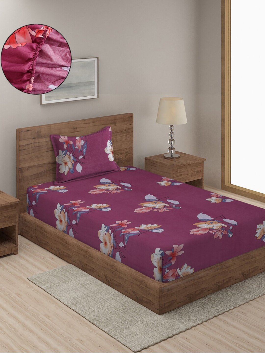 

SOKNACK Floral 300 TC Single Bedsheet with 1 Pillow Covers, Purple