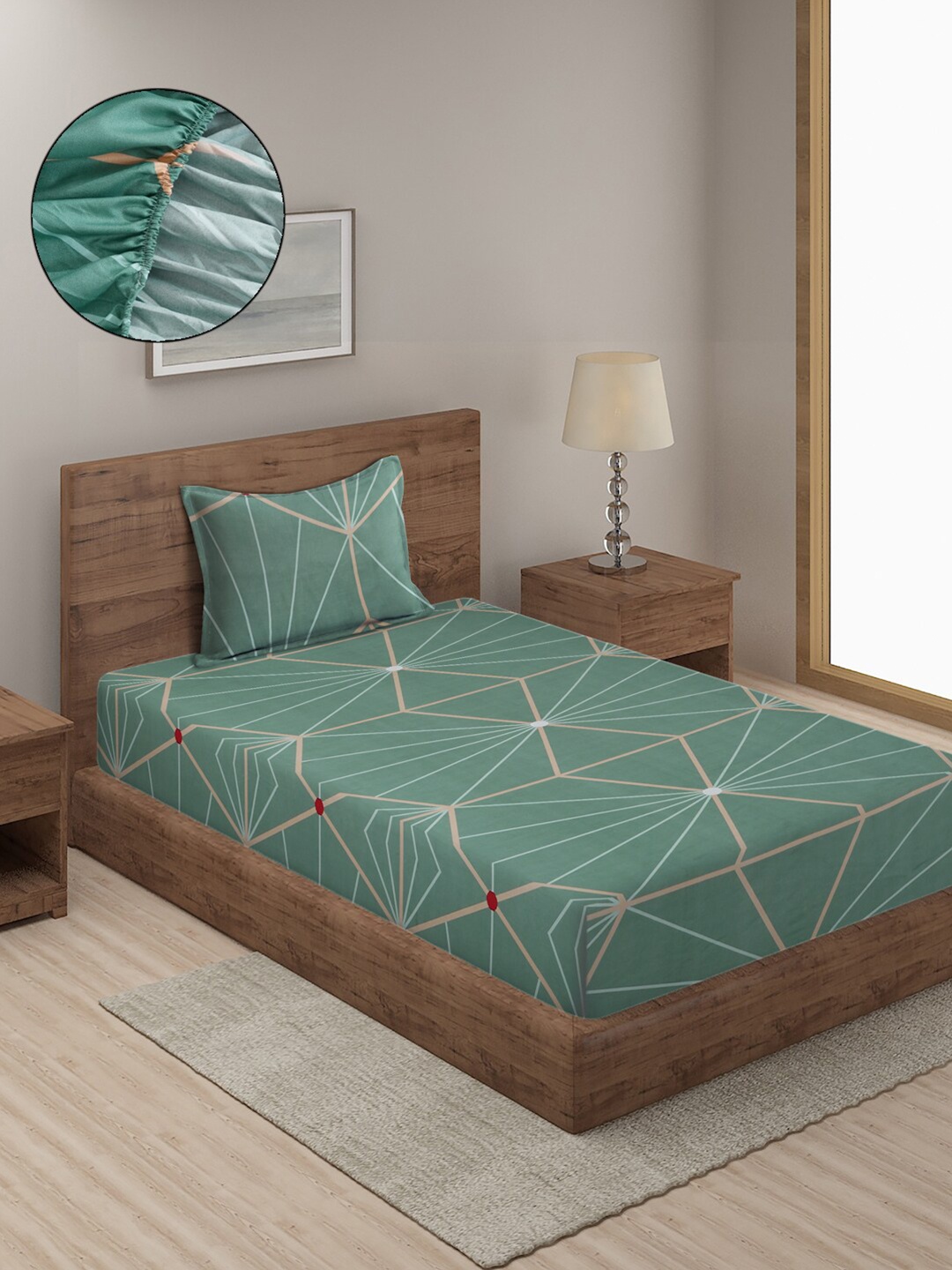 

SOKNACK Geometric 300 TC Single Bedsheet with 1 Pillow Covers, Green
