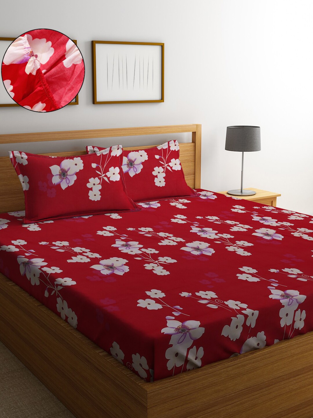 

SOKNACK Floral 300 TC Queen Bedsheet with 2 Pillow Covers, Red