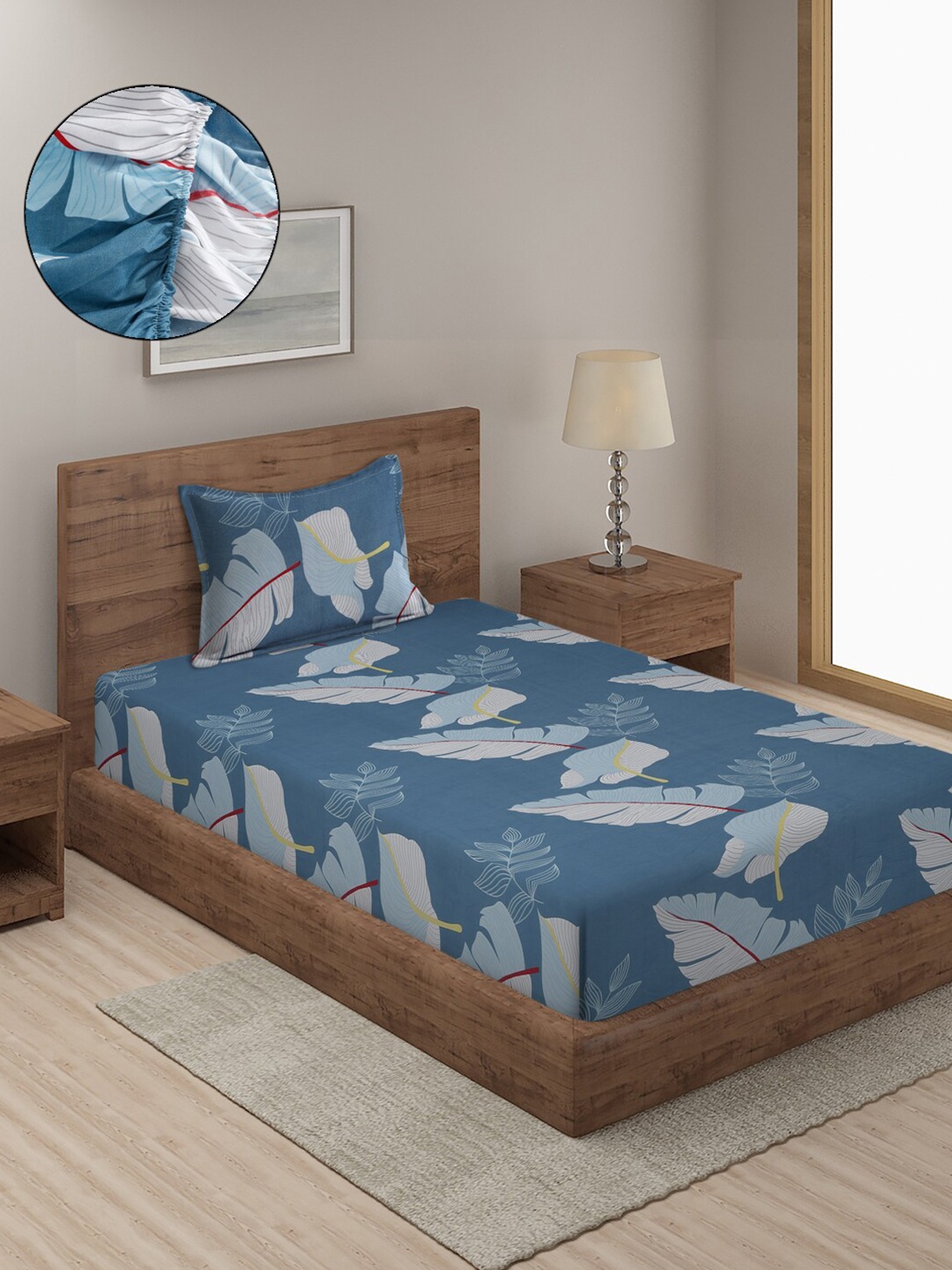 

SOKNACK Floral 300 TC Single Bedsheet with 1 Pillow Covers, Blue