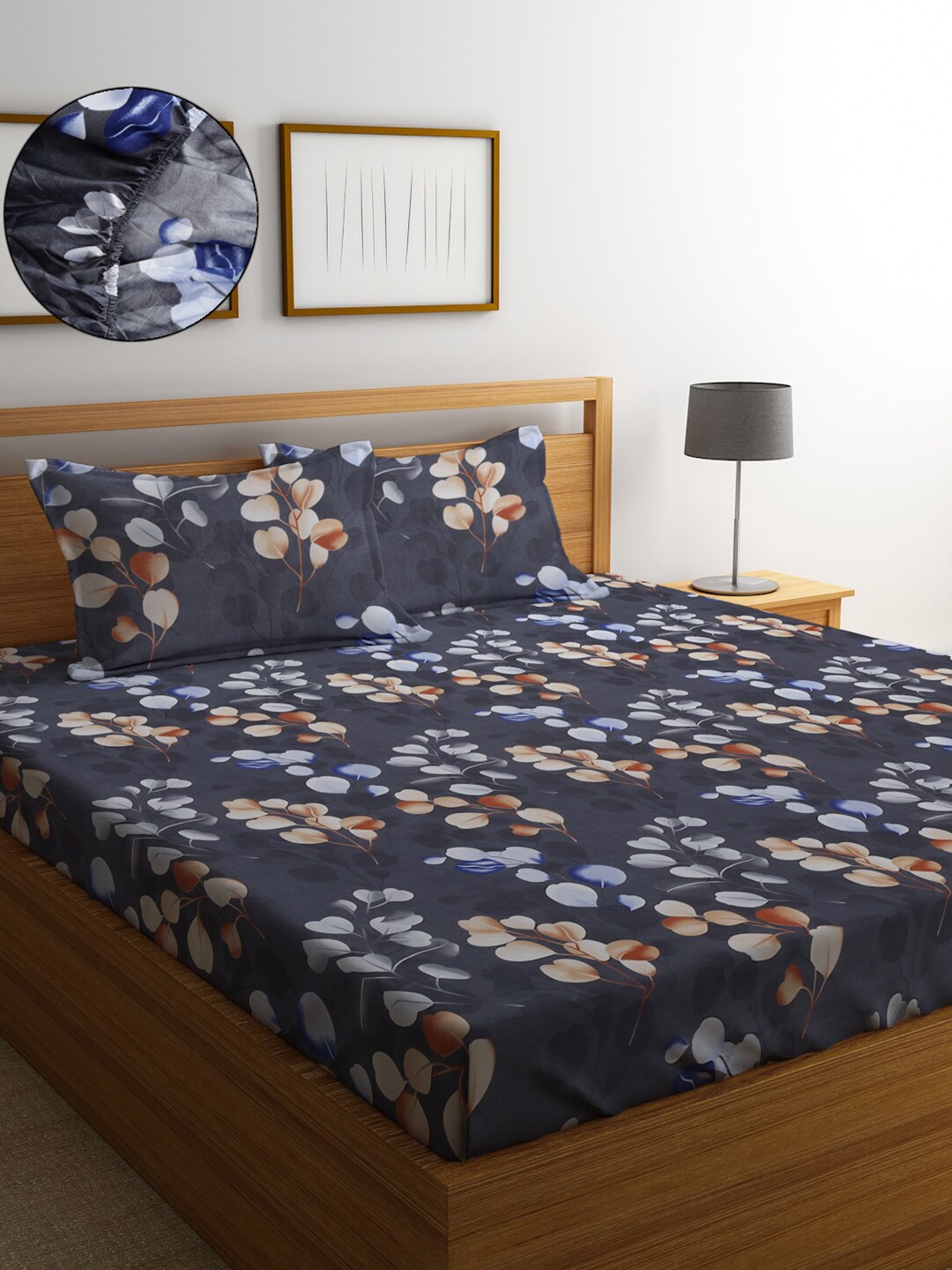 

SOKNACK Floral 300 TC Queen Bedsheet with 2 Pillow Covers, Blue