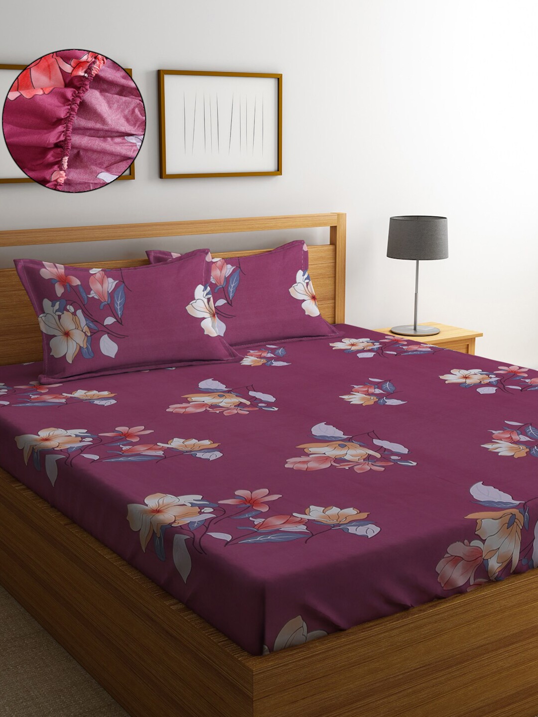 

SOKNACK Floral 300 TC Queen Bedsheet with 2 Pillow Covers, Purple