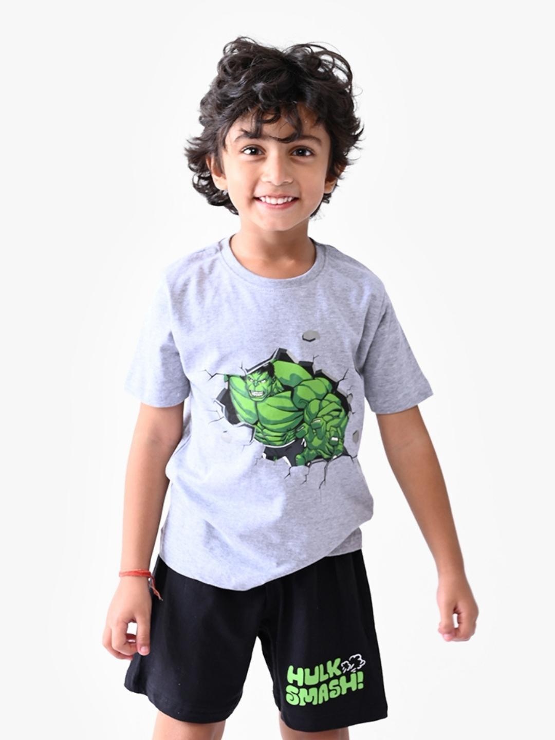 

Nap Chief Kids Hulk Printed Pure Cotton T-shirt with Shorts, Grey