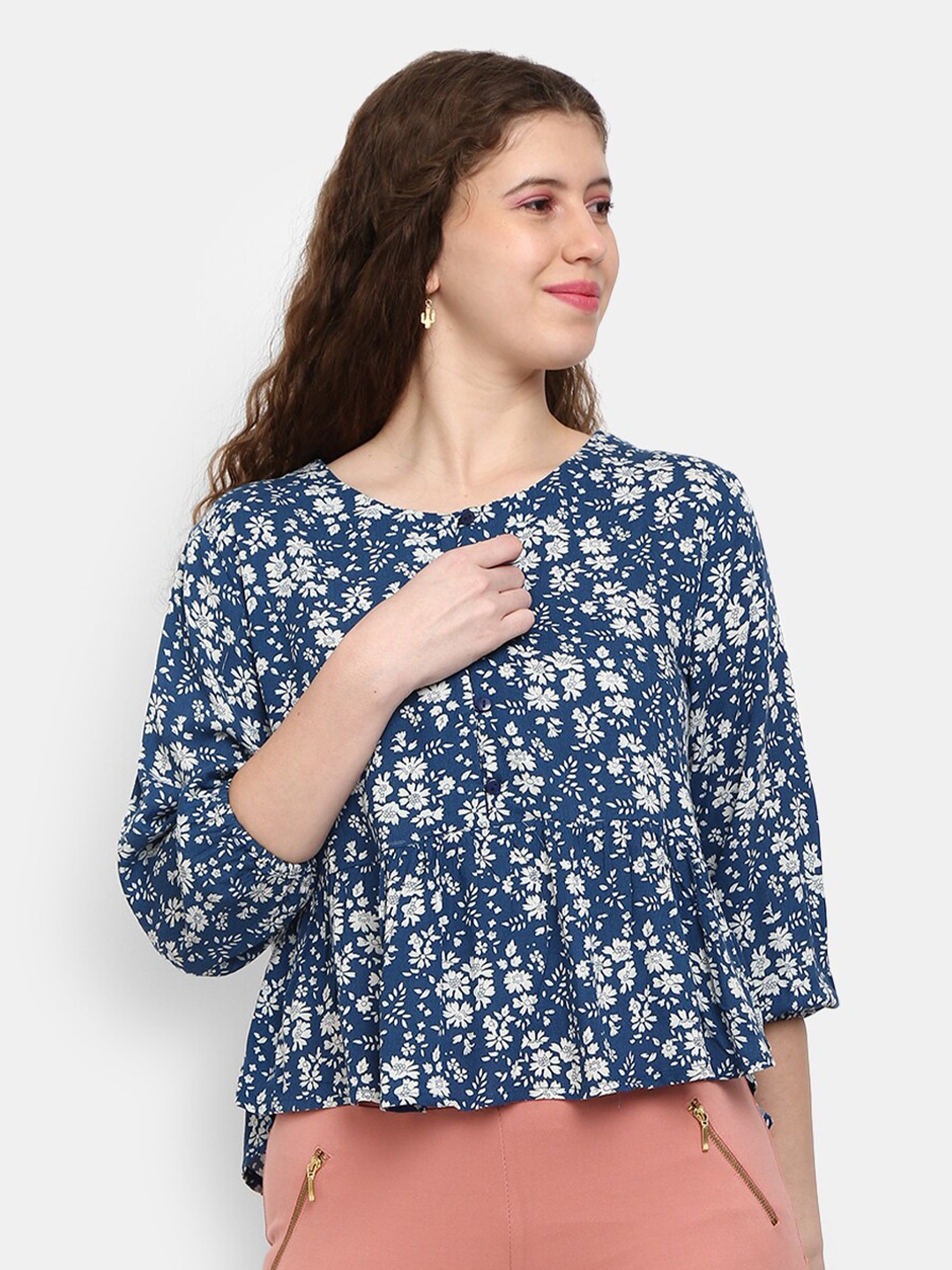 

V-Mart Women Teal Blue Floral Printed High Low Pure Cotton Top