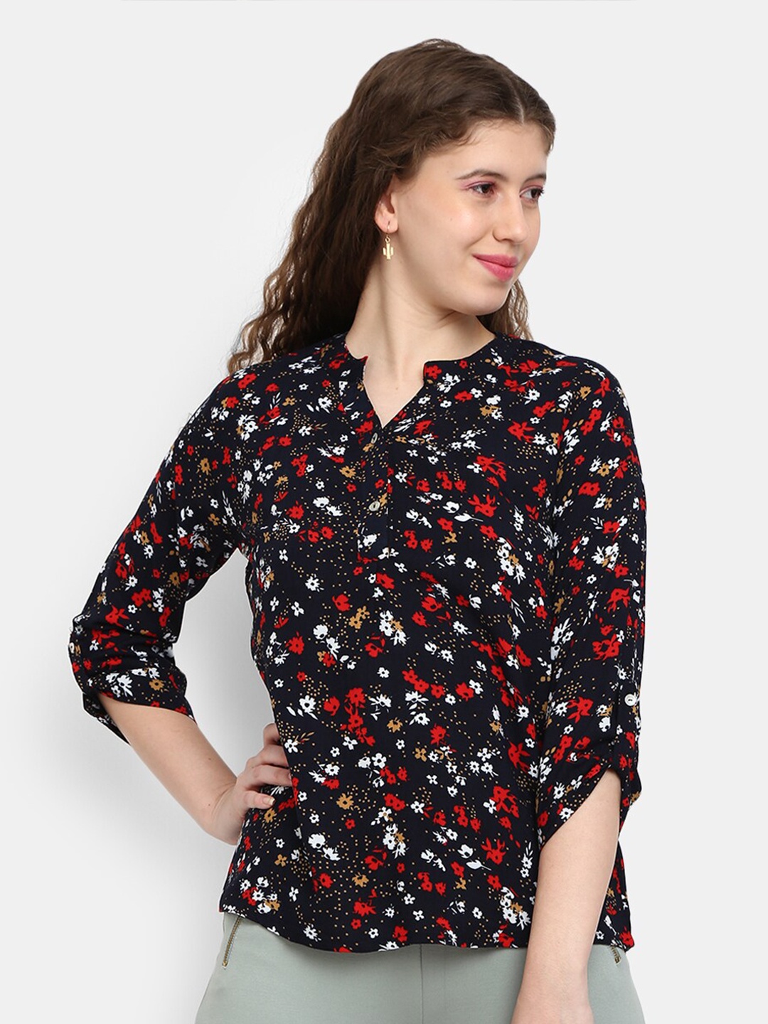 

V-Mart Women Navy Blue & Red Floral Printed Mandarin Collar Shirt Style Top