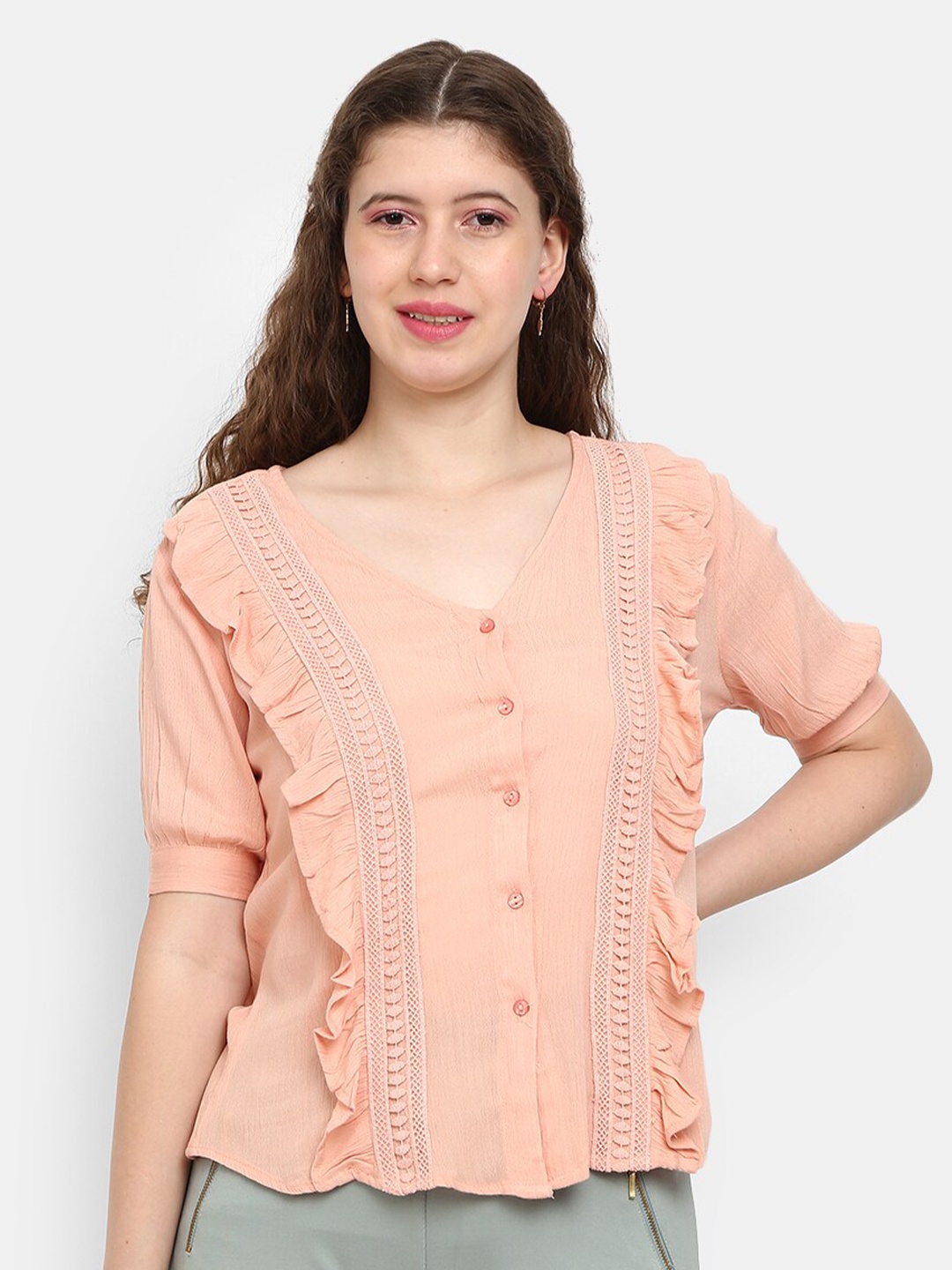 

V-Mart Peach-Coloured Self Design V-neck Top