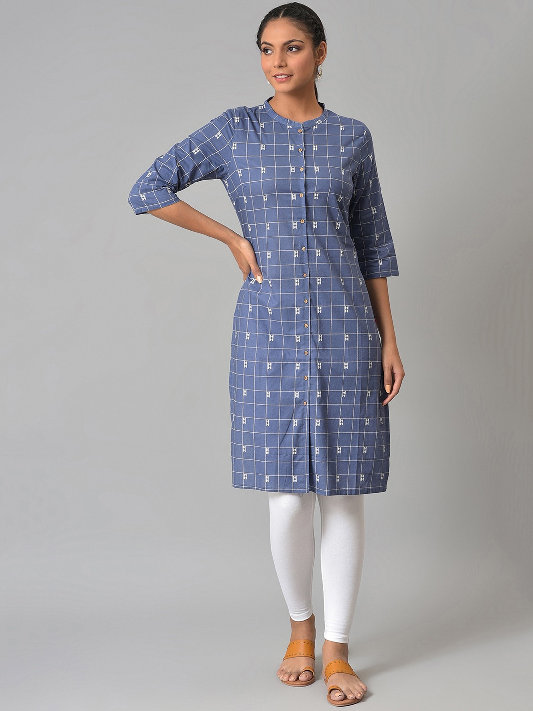 

W Women Blue Printed Pure Cotton Kurta with Trousers