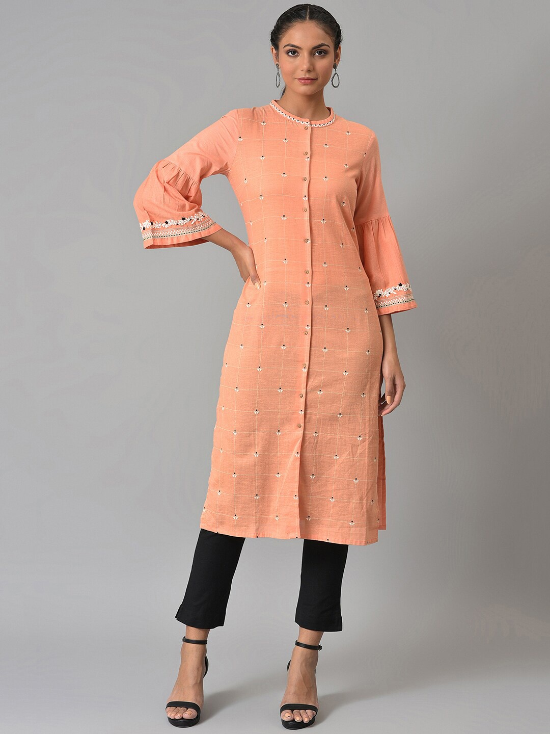 

W Women Orange Embroidered Pure Cotton Kurta with Trousers