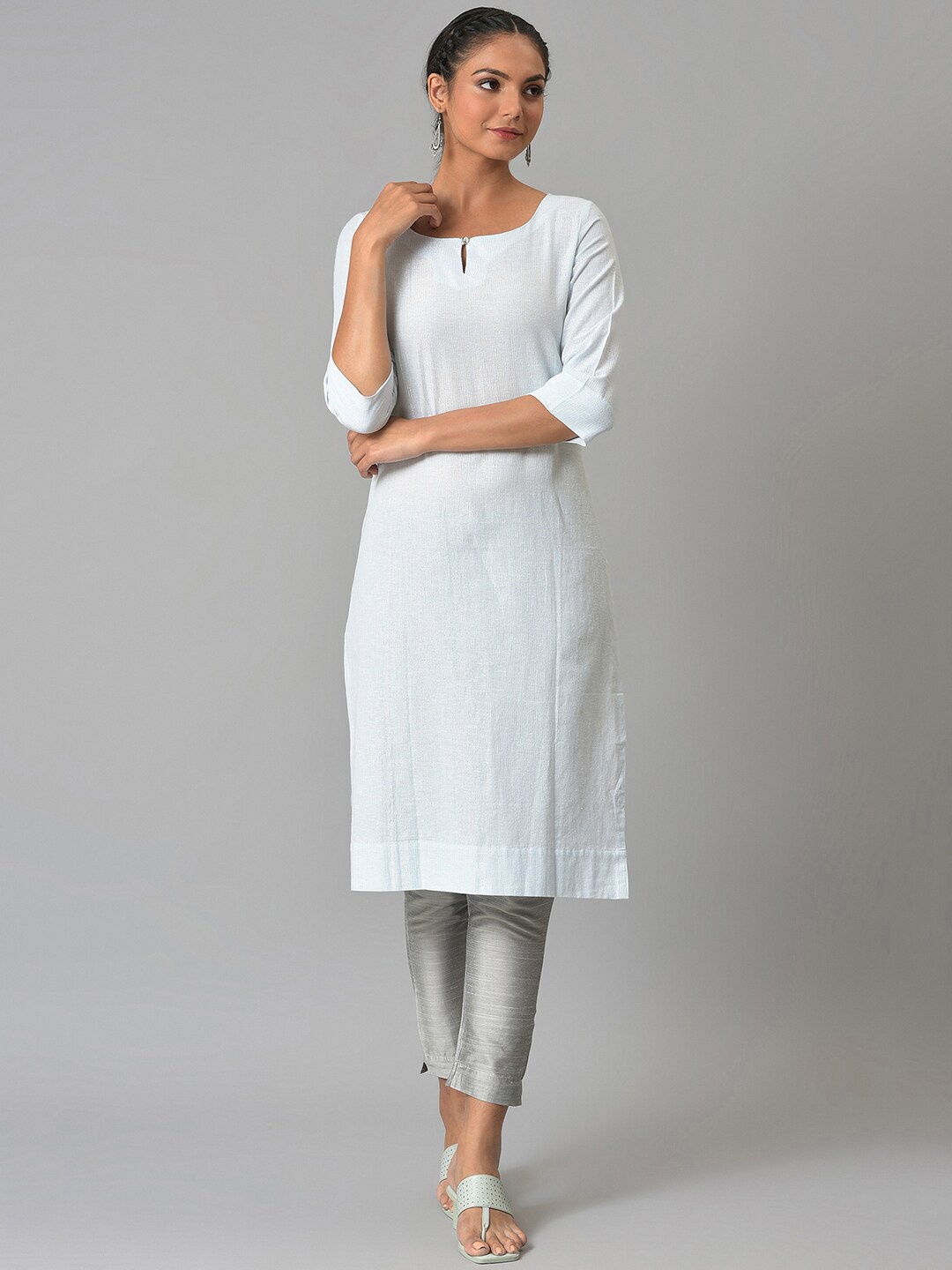 

W Women Blue Striped Kurta with Trousers