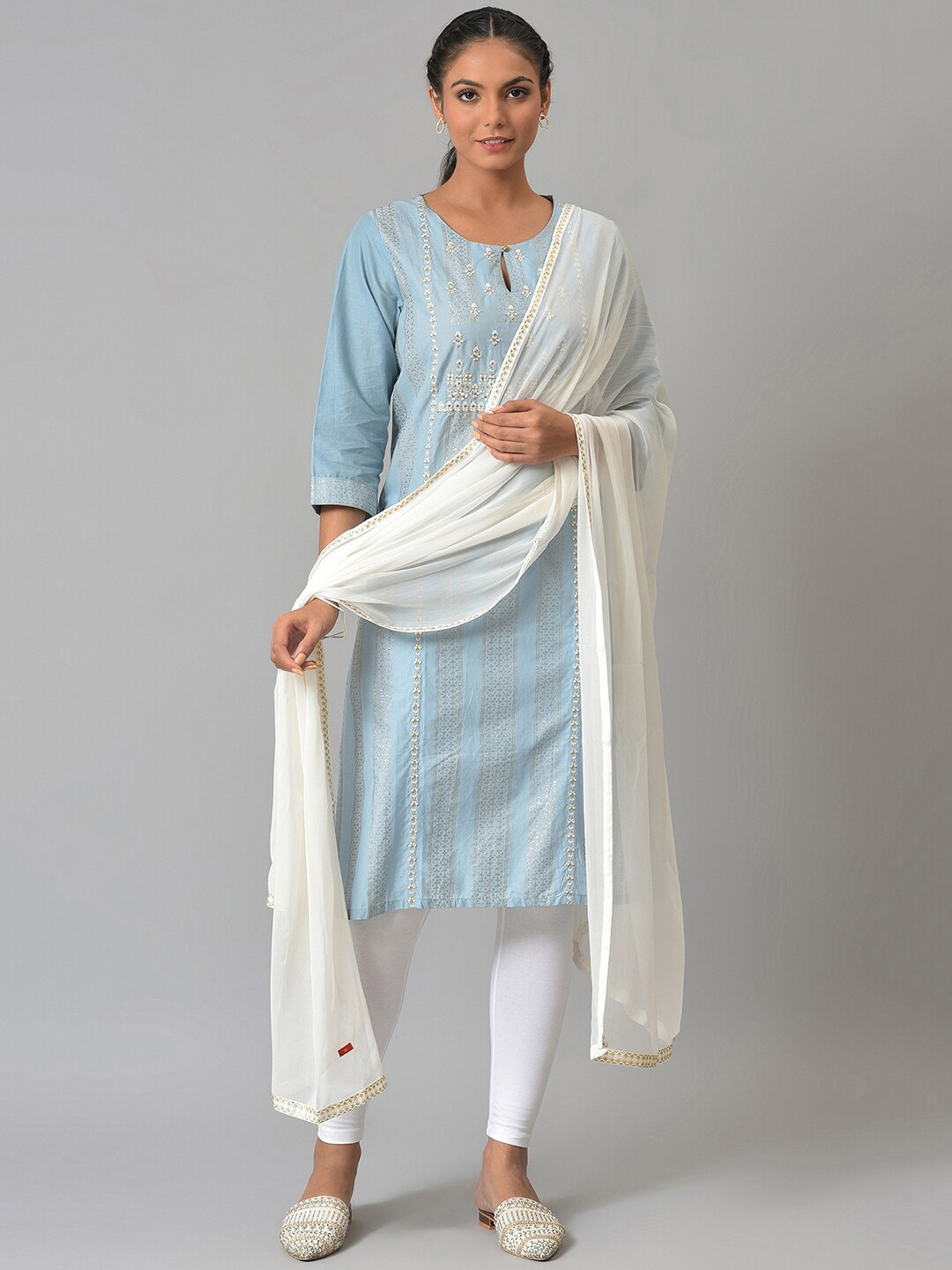 

W Women Printed Straight Kurta With Pants & Dupatta, Blue