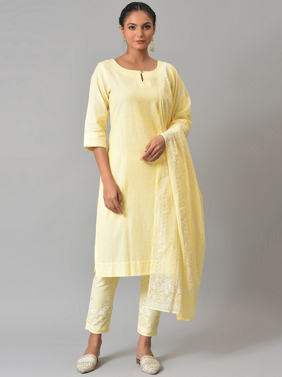 

W Women Yellow Kurta with Trousers & With Dupatta