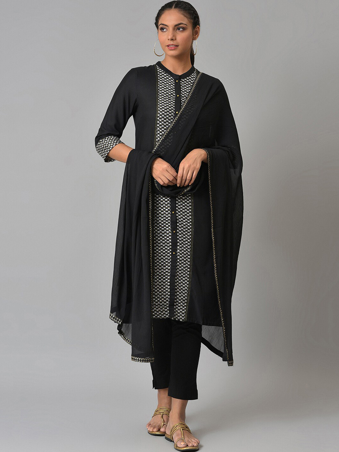 

W Women Black Printed Kurta with Trousers & With Dupatta