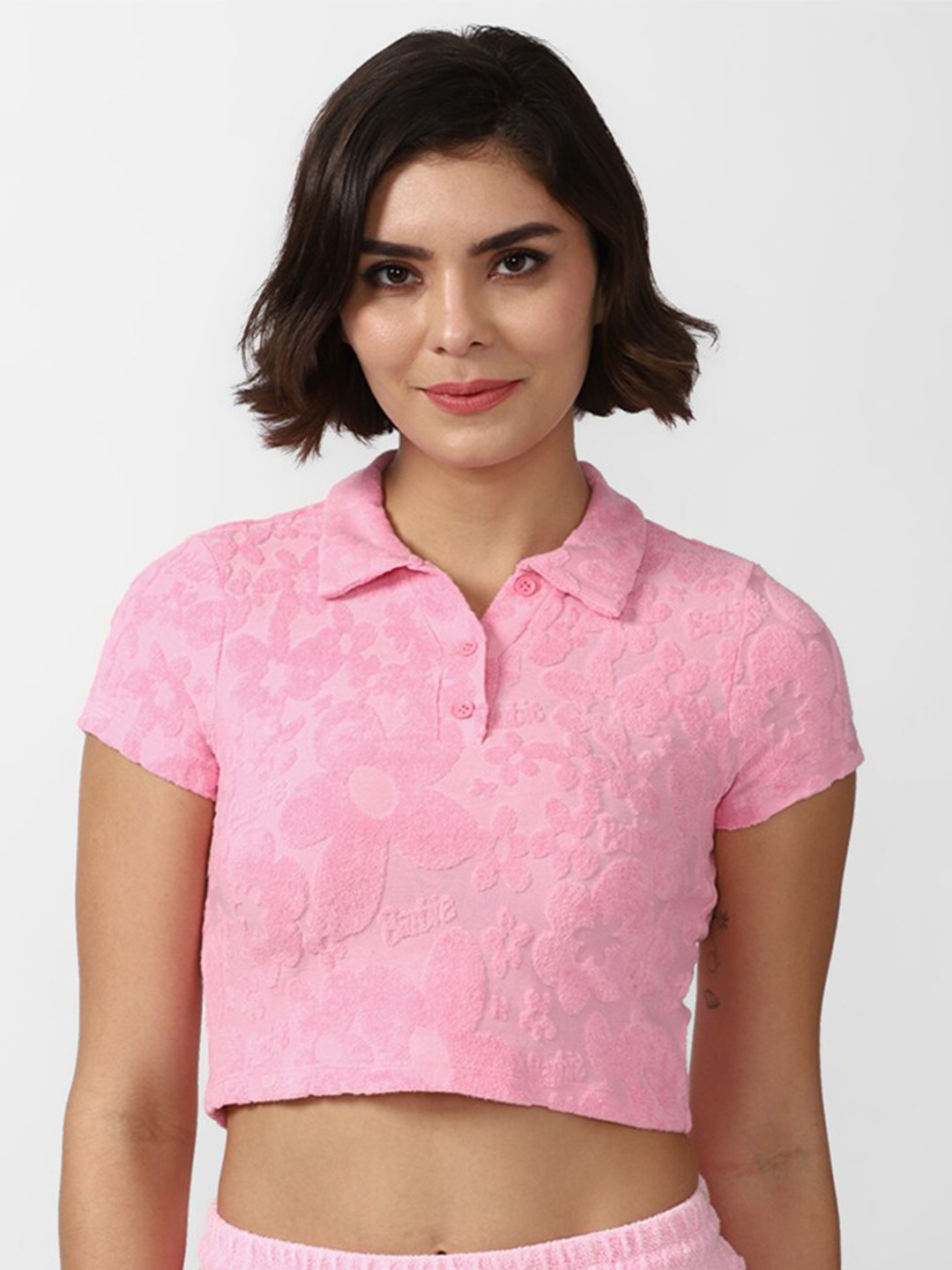 

FOREVER 21 Pink Print Shirt Style Crop Cotton Blend Top