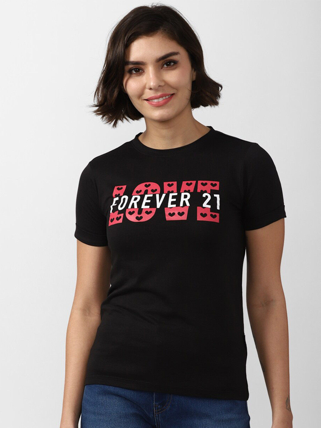 

FOREVER 21 Black Typography Print Round Neck Cotton Blend Top