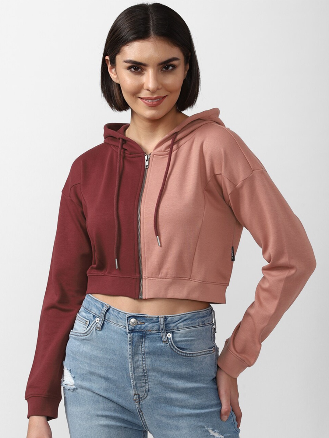 

FOREVER 21 Women Maroon & Peach-Coloured Colourblocked Hood Crop Top