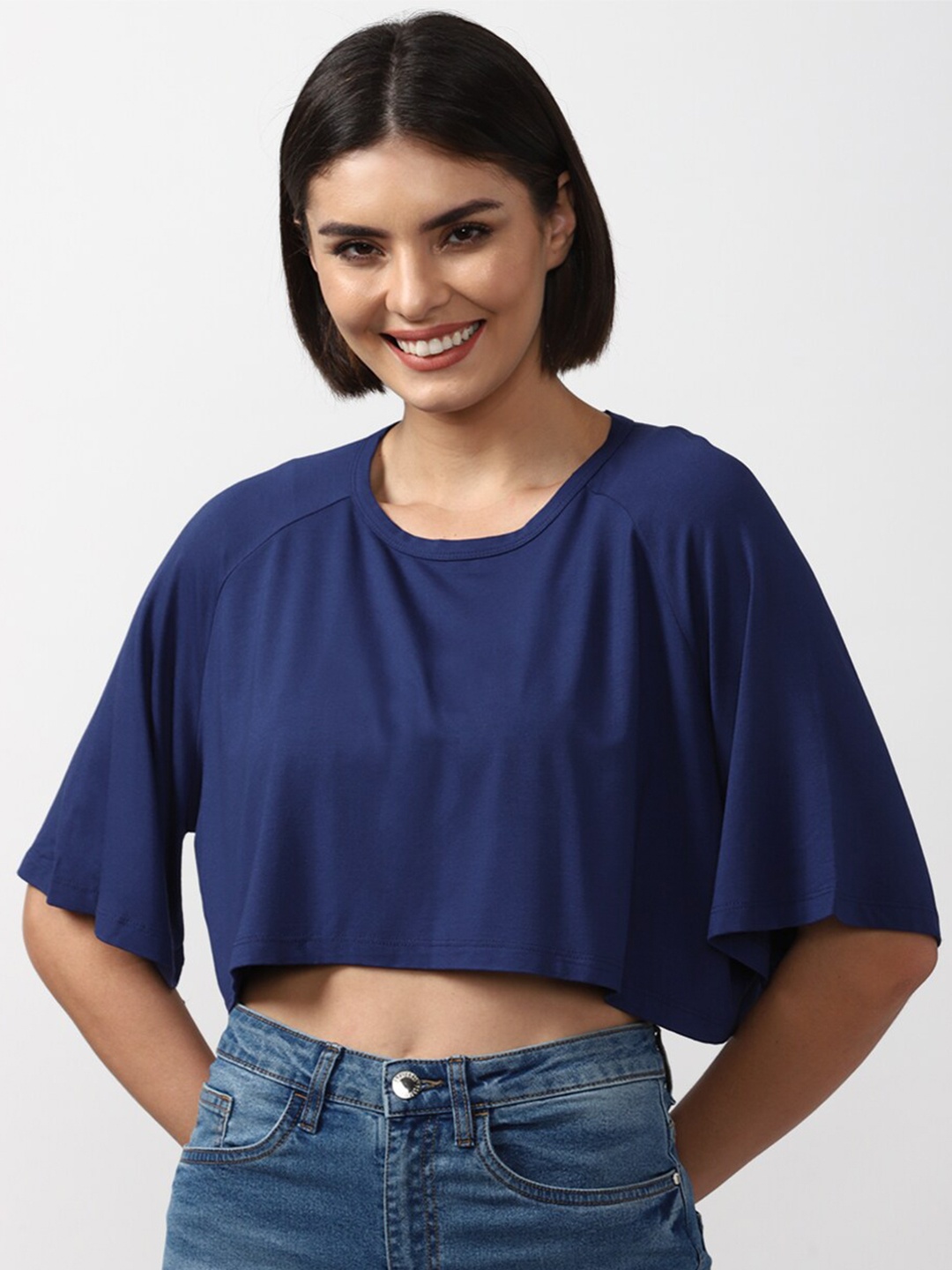 

FOREVER 21 Navy Blue Boxy Crop Viscose Rayon Top