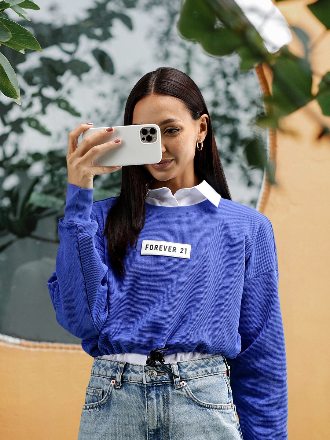 

FOREVER 21 Blue Blouson Round Neck Crop Cotton Blend Top