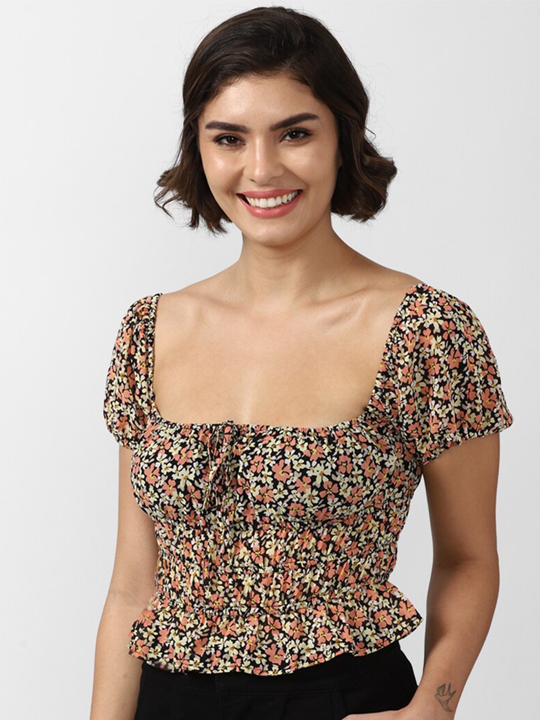

FOREVER 21 Women Pink & Black Floral Print Top