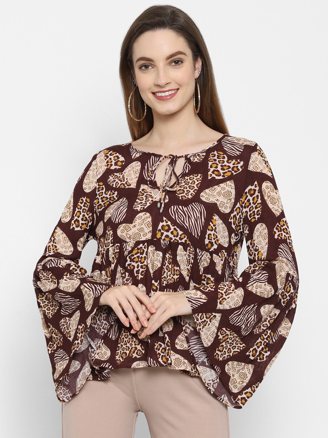 

VALBONE Brown & Beige Printed Tie-Up Neck Empire Top