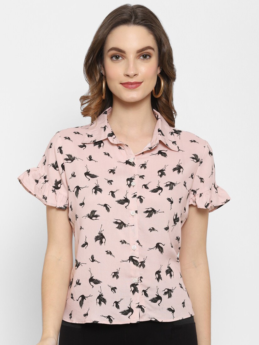 

VALBONE Women Peach-Coloured & Black Printed Flutter Sleeves Shirt Style Viscose Rayon Top