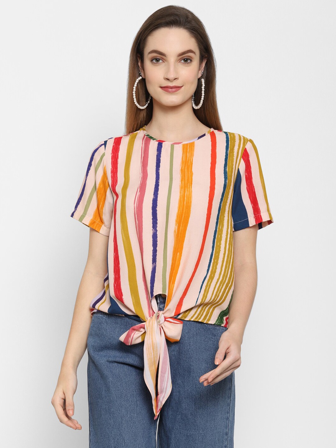 

VALBONE Women Multicolored Striped Waist Tie Up Top, Multi