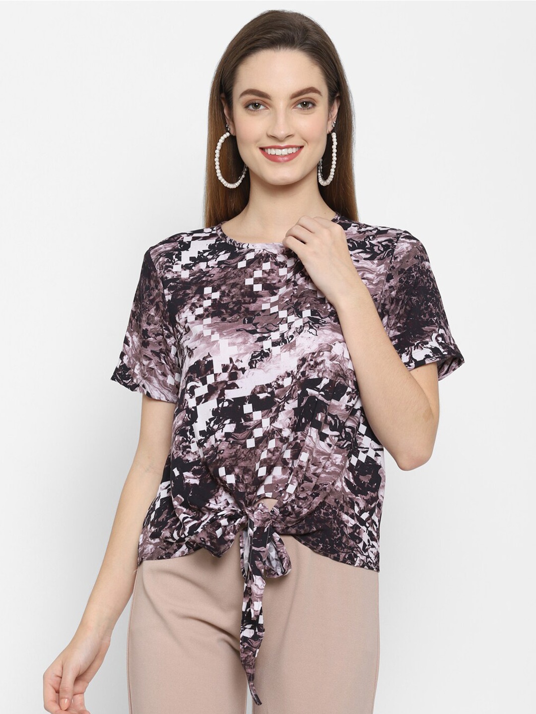 

VALBONE Women Brown And White Abstract Print Waist Tie Up Top