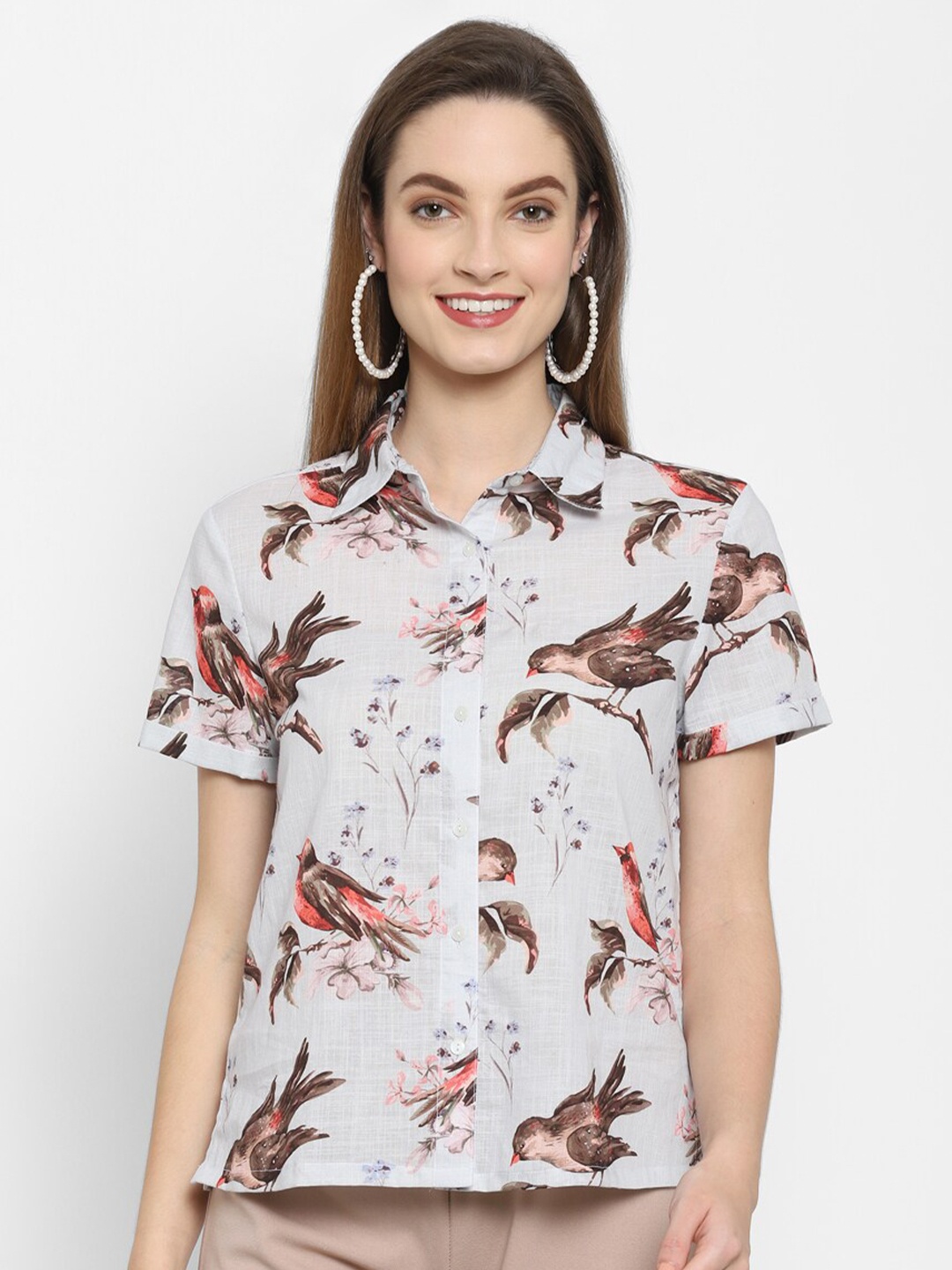 

VALBONE Women Floral Printed Pure Cotton Casual Shirt, Grey