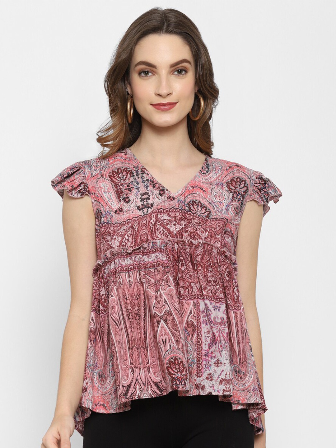 

VALBONE Women Maroon Ethnic Motifs Printed Empire Cap Sleeves Top