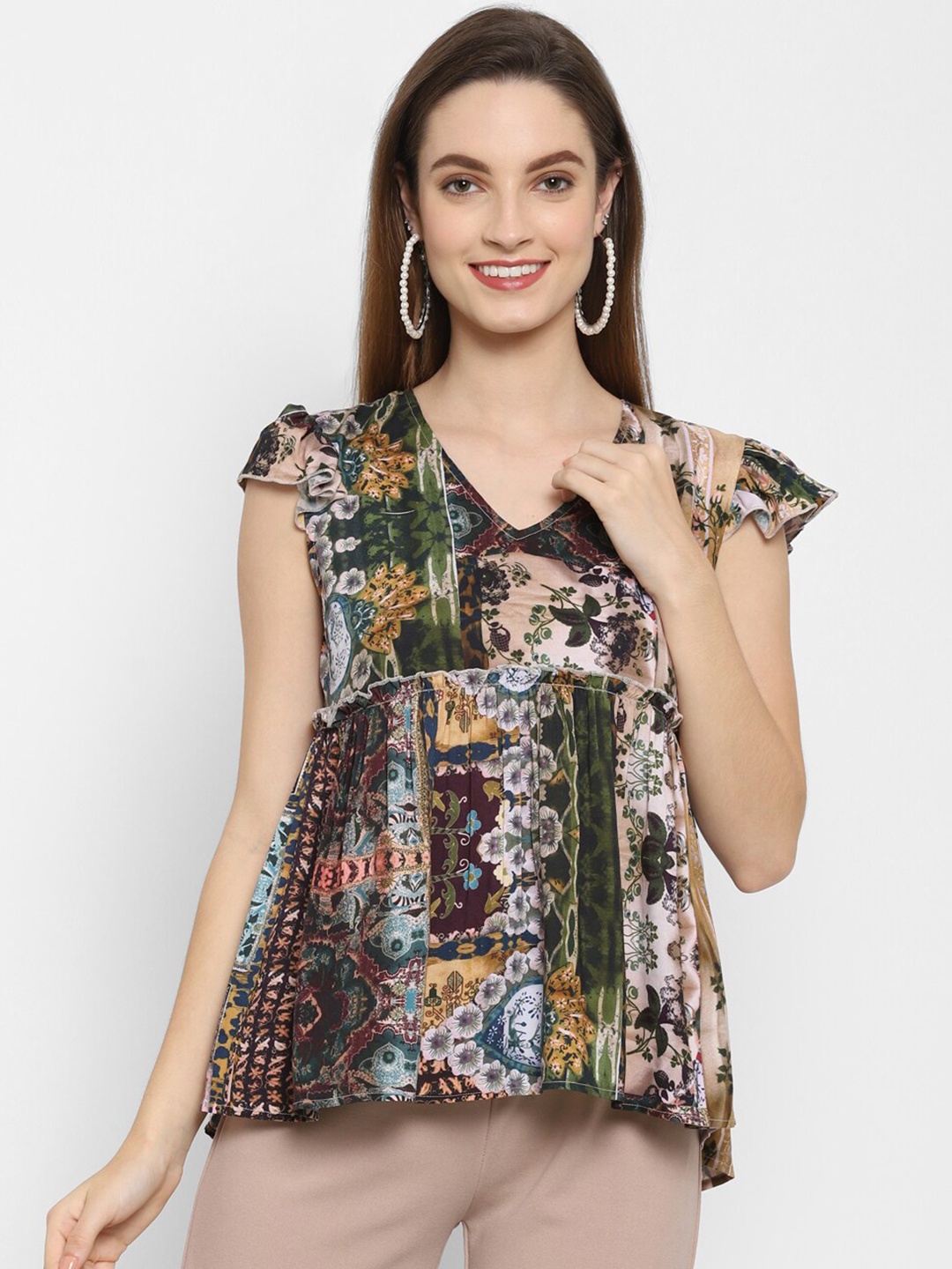 

VALBONE Women Multicolor Abstract Print Frill Cap Sleeves Peplum Top, Multi