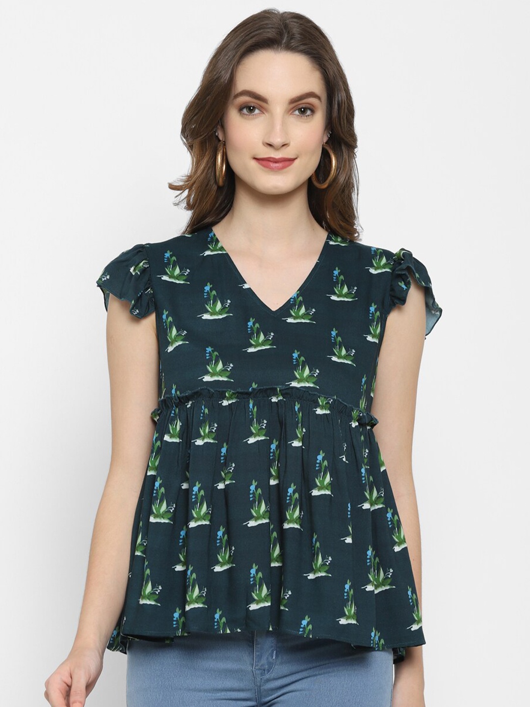 

VALBONE Women Green Conversational Print Cap Sleeves Peplum Top