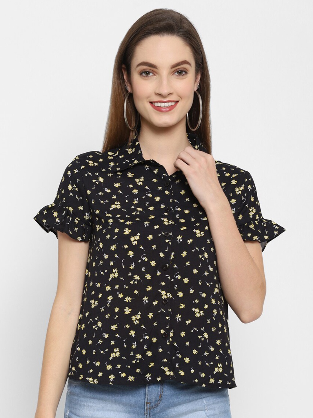 

VALBONE Women Black & Yellow Floral Printed Shirt Style Viscose Rayon Top