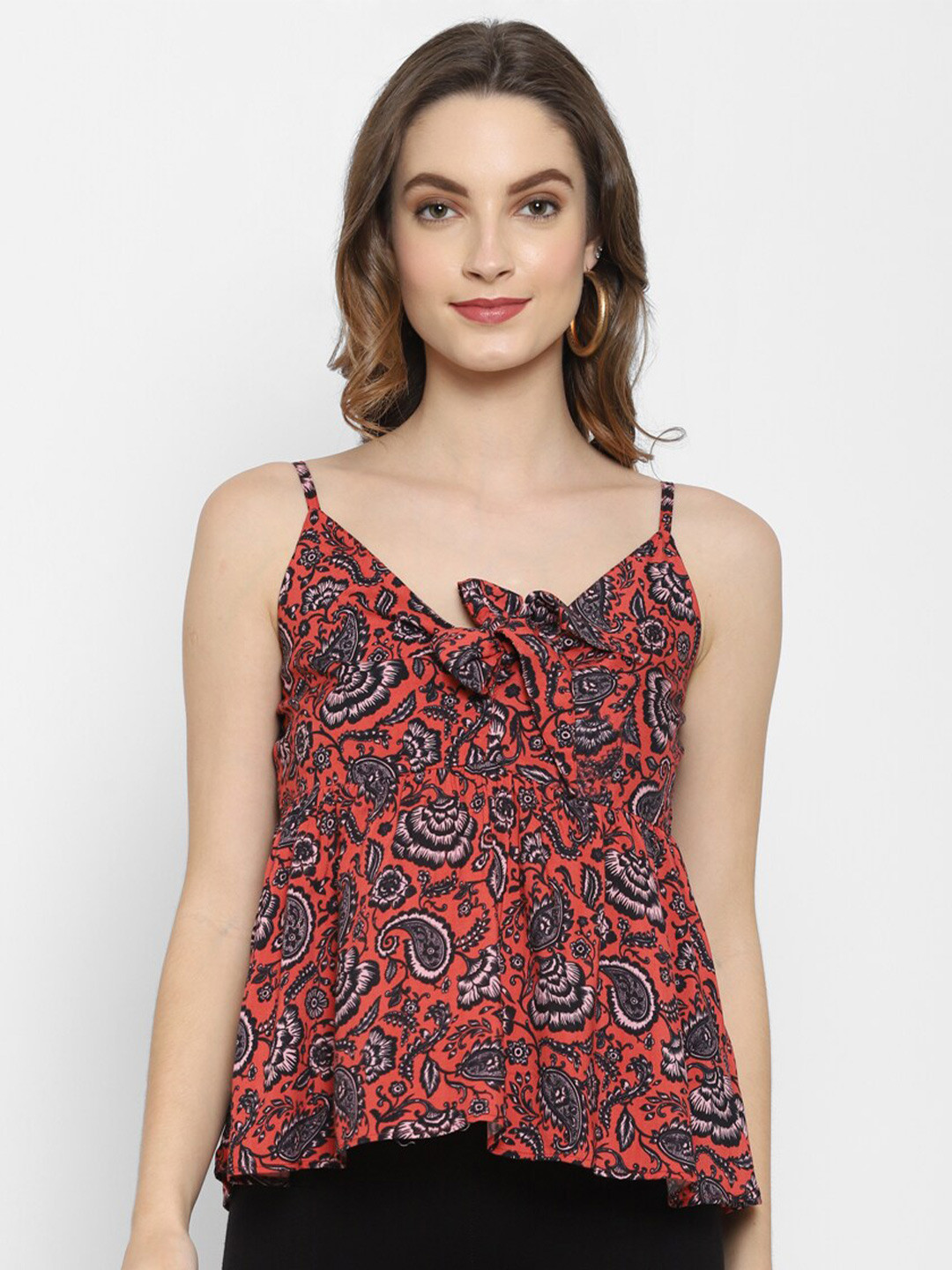 

VALBONE Women Orange And Black Ethnic Motifs Print Shoulder Strap Top